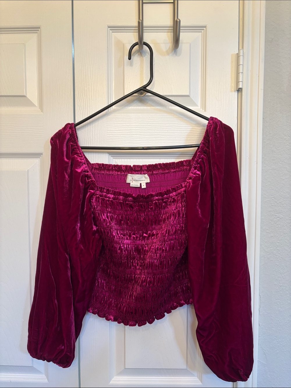 Anthropologie Deep Berry Velvet Smocked Off-Shoulder Top